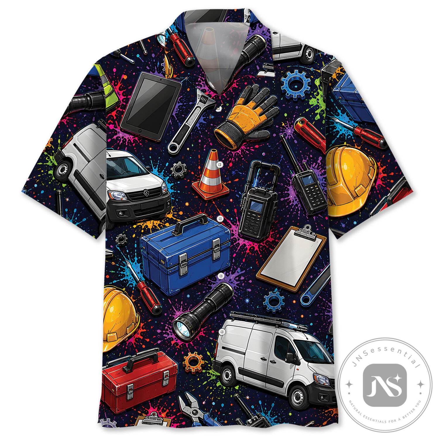 Service Worker Tools and Vehicles Colorful Splatter Pattern Hawaiian Shirt