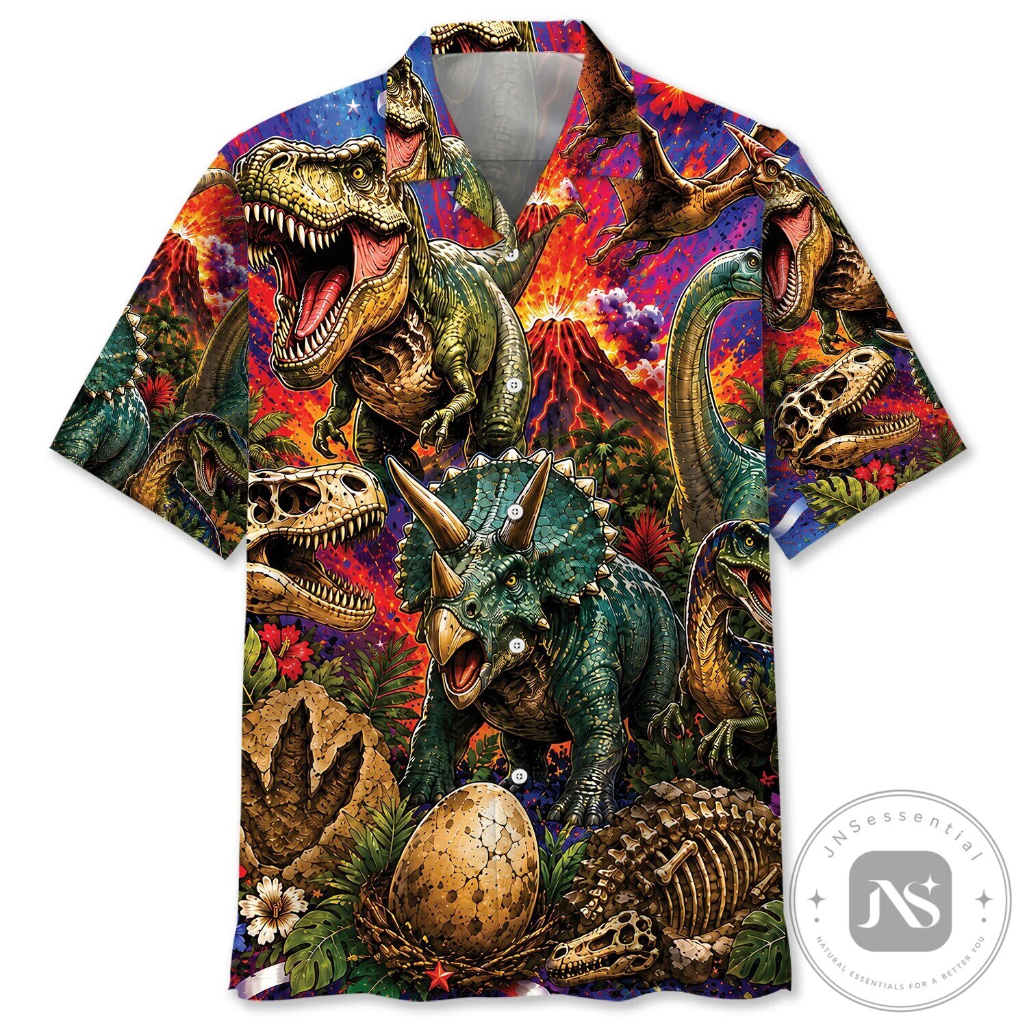 Colorful Prehistoric Dinosaur Volcano Jungle Scene All Over Print Hawaiian Shirt