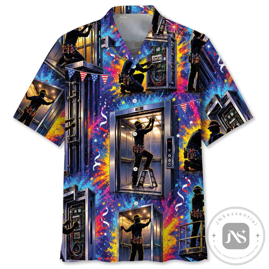 Elevator Installer Graphic Print Men's Button Down Short Sleeve Hawaiian Shirt Elevator Installer Graphic Print Men's Button Down Short Sleeve Hawaiian Shirt