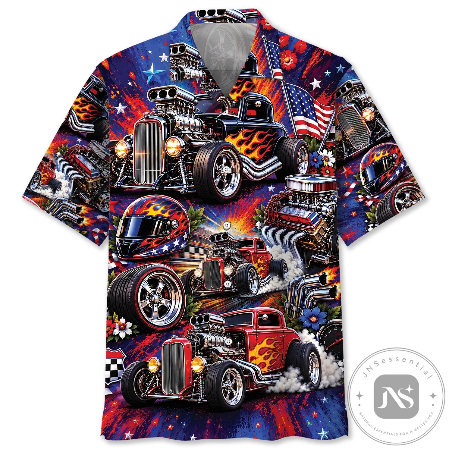 Hot Rod Vintage American Flag Patriotic Hawaiian Shirt for Men