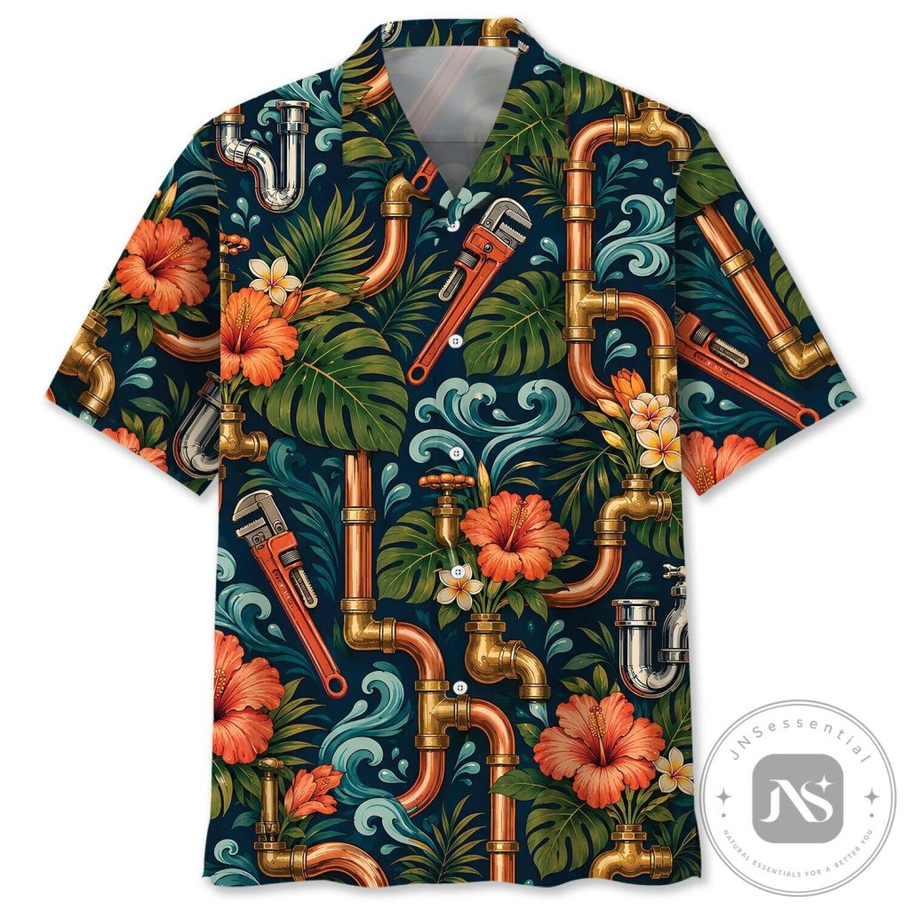 Plumber Vintage Tropical Hawaiian Shirt with Plumbing Pipes and Hibiscus Flowers 15 Plumber Vintage Tropical Hawaiian Shirt with Plumbing Pipes and Hibiscus Flowers