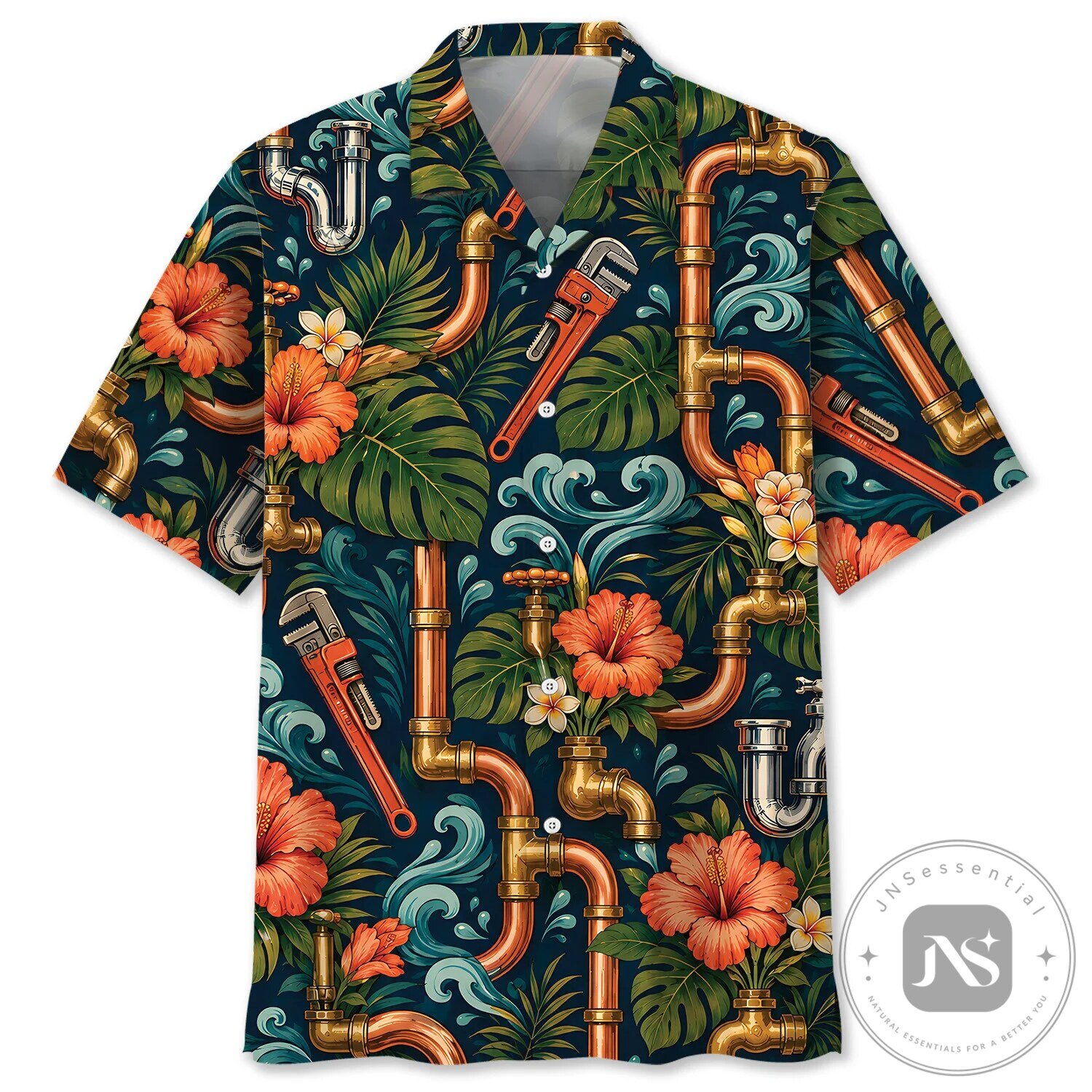 Plumber Vintage Tropical Hawaiian Shirt with Plumbing Pipes and Hibiscus Flowers 2 Plumber Vintage Tropical Hawaiian Shirt with Plumbing Pipes and Hibiscus Flowers