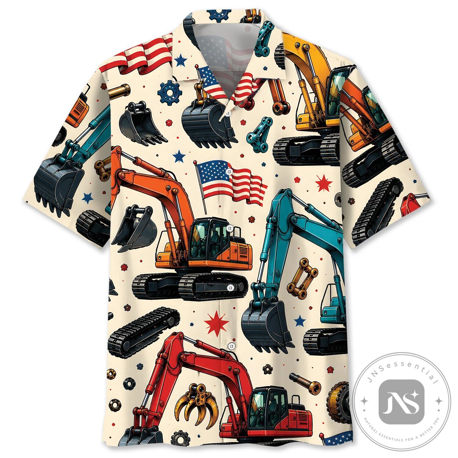 Excavator Construction Equipment American Flag Hawaiian Shirt