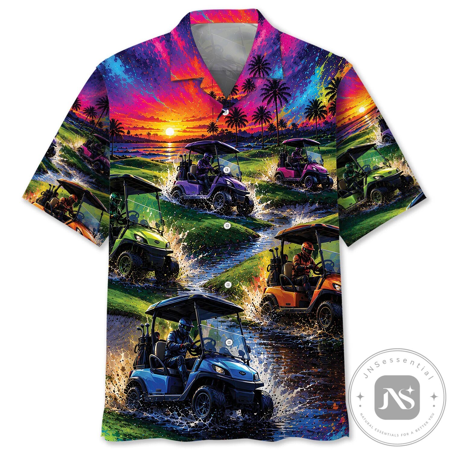 Colorful Golf Cart Driving Through Water Hawaiian Shirt for Men 1 Colorful Golf Cart Driving Through Water Hawaiian Shirt for Men