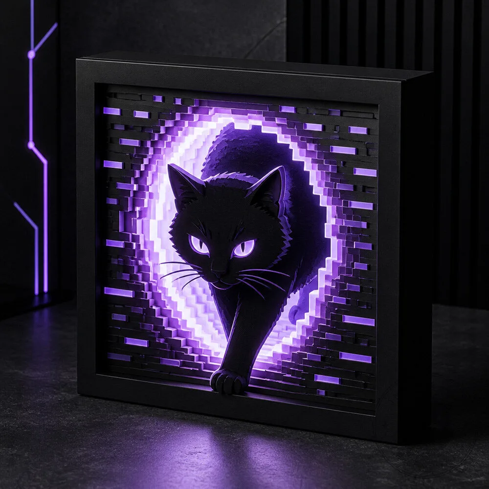 Black Cat 3D LED Lightbox With Glitch Portal Design For Halloween Gamer And Decor