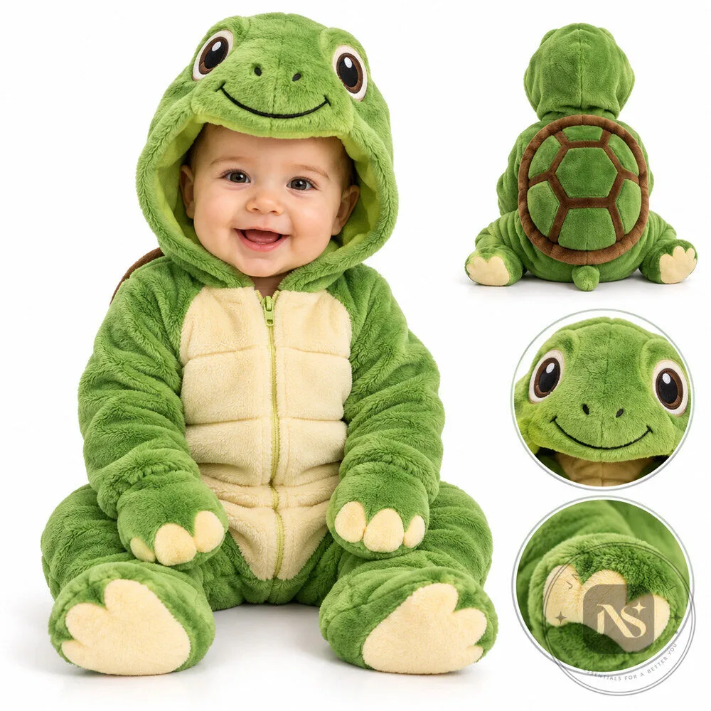 "2026 Top Gifts: Turtle Baby Costume, Advent Calendar, Jesus T-shirt" 15 Cozy Green Turtle Costume for Babies with Fuzzy Hood & Foot Covers