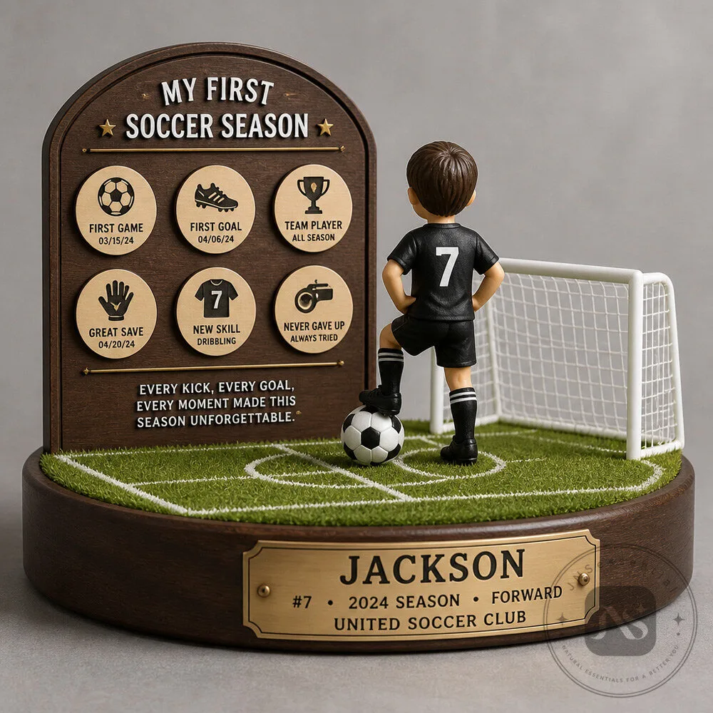 Personalized First Soccer Season Mini Display With Player Token and Milestone Scene