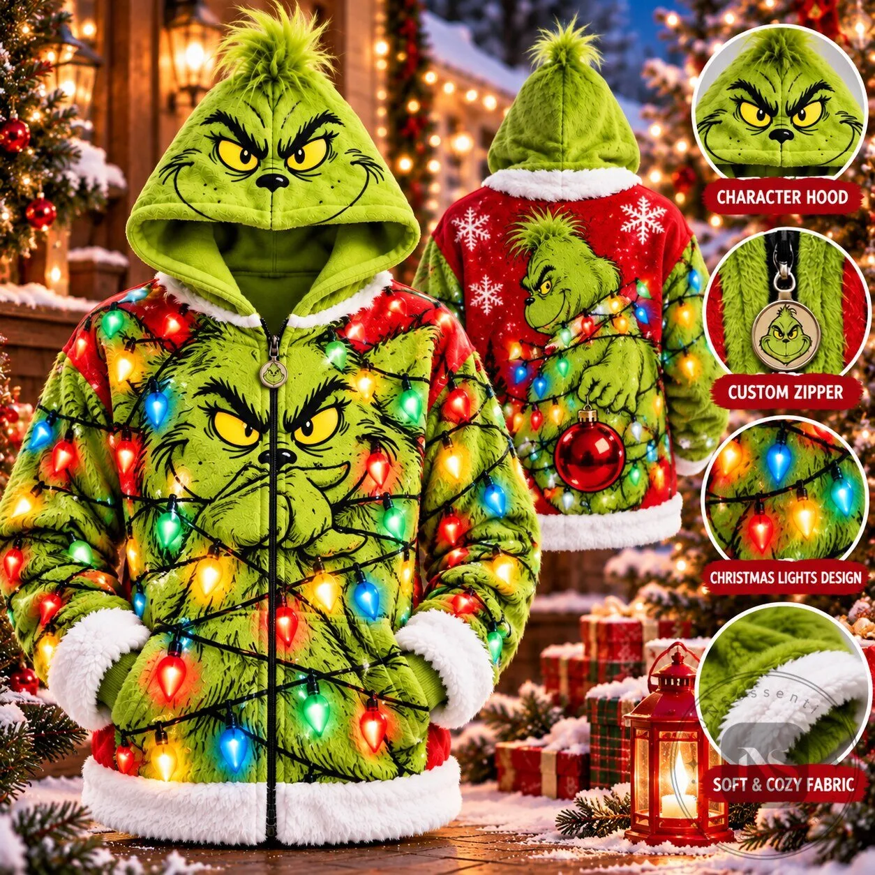 Grinch Snowflake Christmas Hoodie Zip Up Plush Costume Jacket